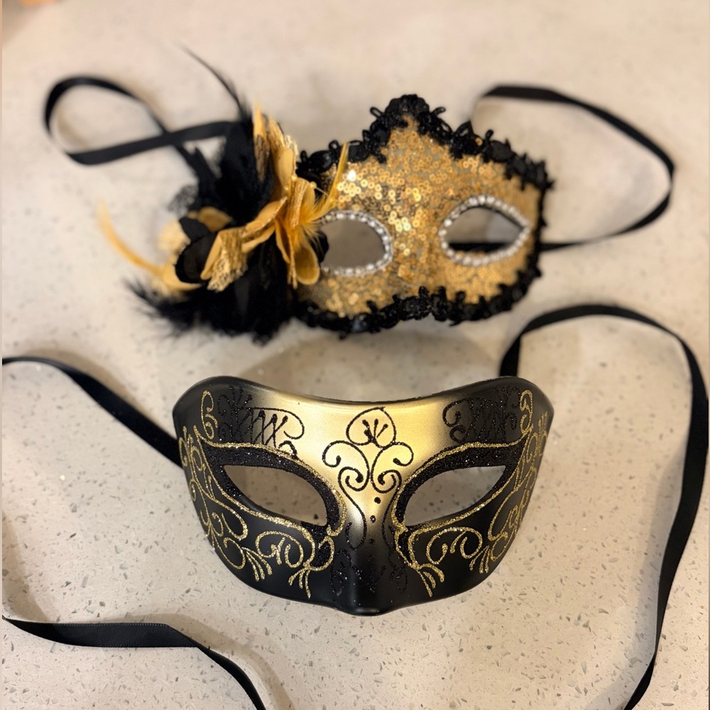 Elegant Gold and Black Couples Masquerade Masks